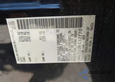 2009 Nissan Altima 2.5 S z USA, uszkodzony, nr VIN 1N4AL21E19N532770